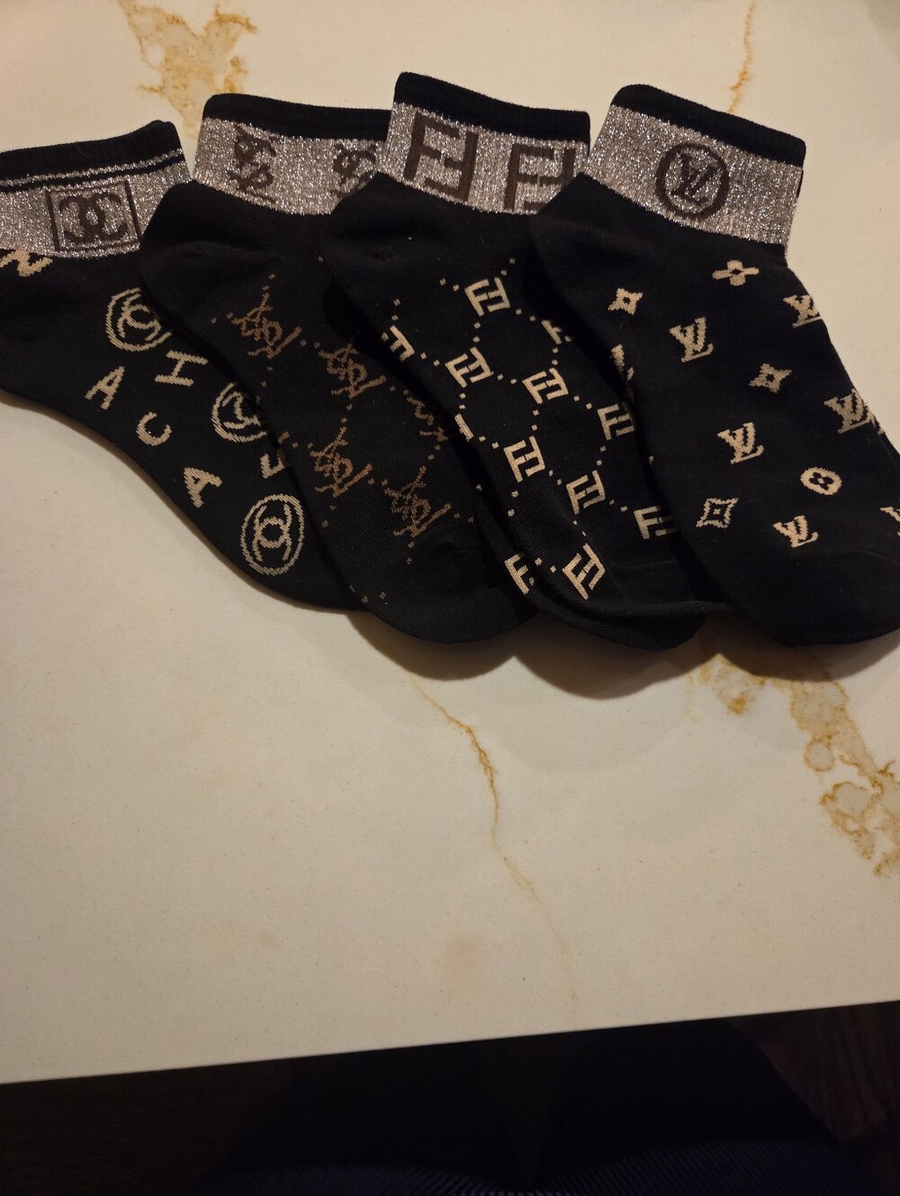 Luxury Logo-Pattern Black Ankle Socks - Metallic Trim 4 Pair